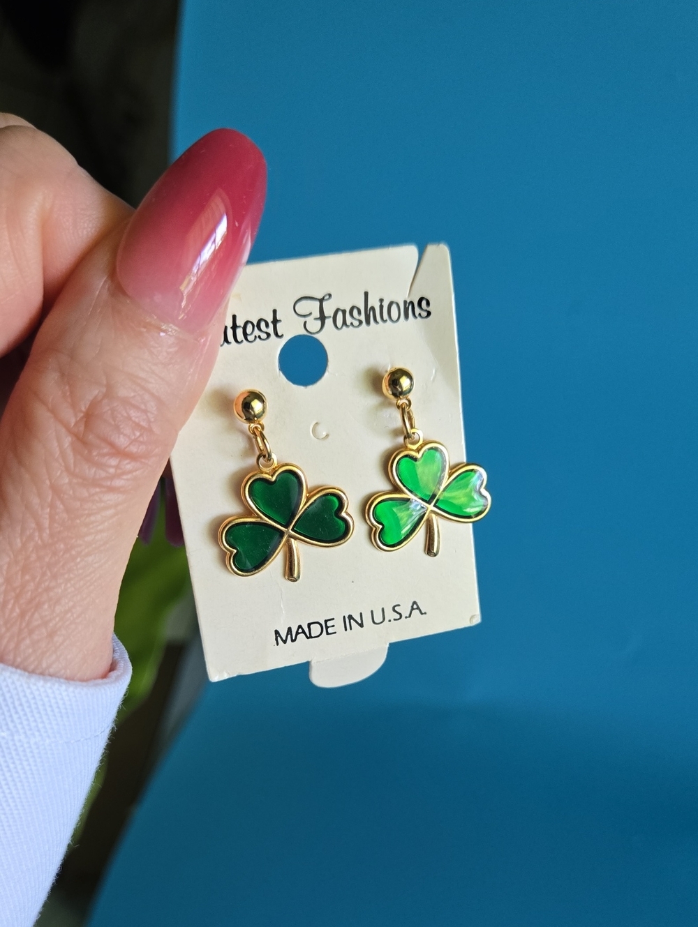 Gold-Trim Green Clover Dangle Earrings by